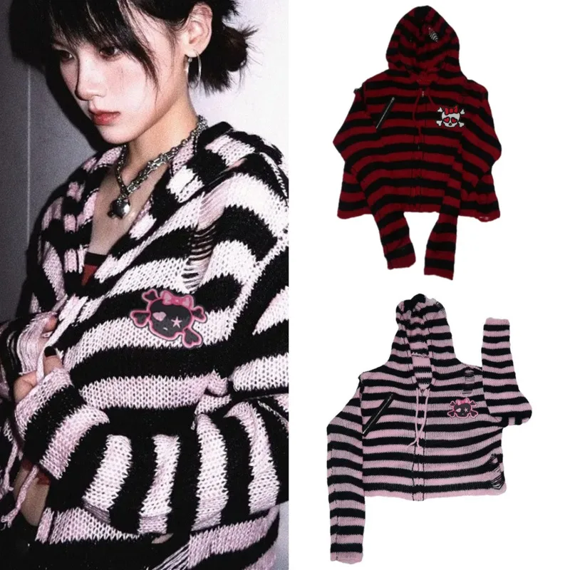 Gothic pola tengkorak Hoodie bergaris Sweater rajut Cardigan wanita Harajuku Punk Jepang Korea bergaris ritsleting Hoodie longgar baru