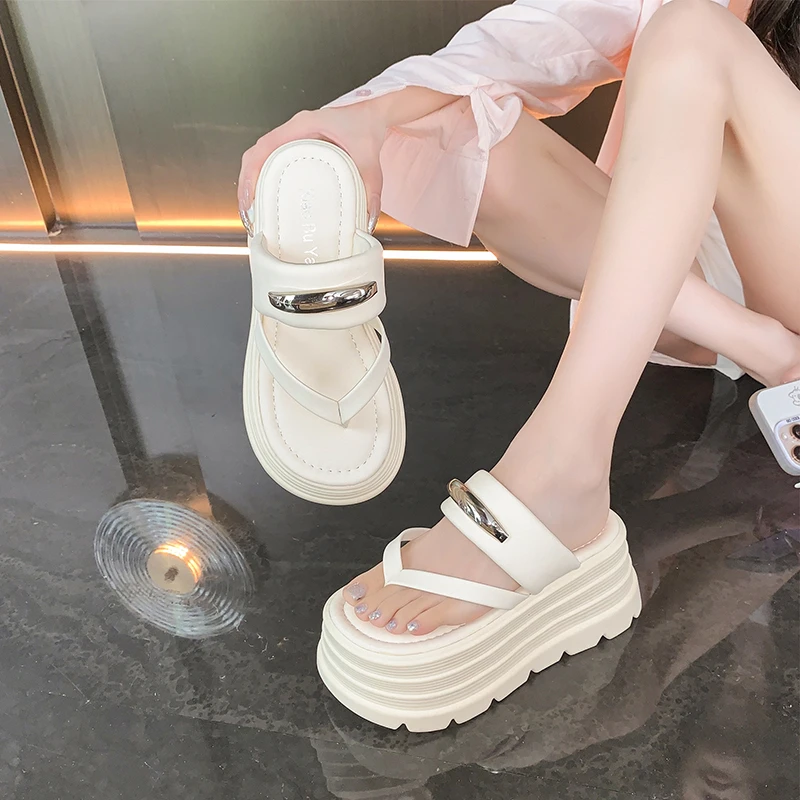 2024 New Summer Platform Wedges Slippers 8CM Heels Peep Toe Sandals Ladies Beach Flats Shoes Women Moccasins Leather Flip Flops