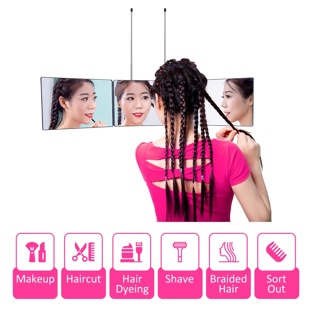 Missmeeca 3 Way Mirror for Hair Cutting 360 Trifold Rechargeable Mirror for Hair Coloring, Braiding,DIY Haircut