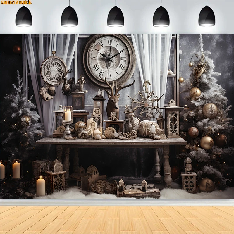 

Christmas Day Wreath Family New Year Party Photography Backdrops Prop Window Living Room Xmas Tree Gift Snow Background BV-11