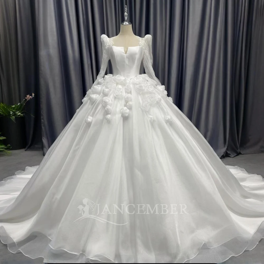

Customized 2025 Ball Gown Wedding Dress Satin Long Sleeve Bridal Gowns Ball Gown Lace Appliqué Bride Dress Vestido de novia