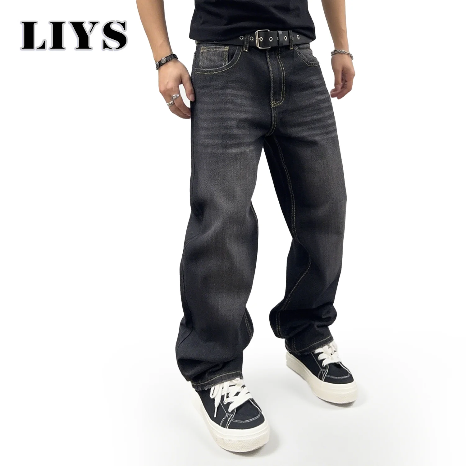 LIYS Spring Men's Black Classic Baggy Straight leg Jeans 2025 Retro Washed Basic Denim Pants Summer Business Casual Baggy Jeans