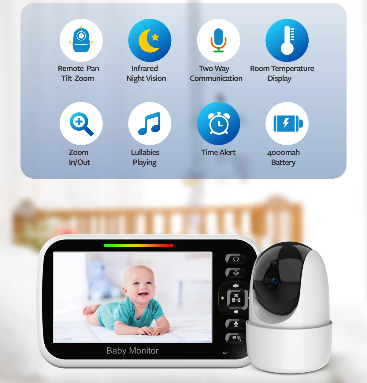 

5-inch Baby Monitor HD Wireless Pan-tilt Rotating Care Lullaby Night Vision Sound Control Temperature Control Intercom SM651