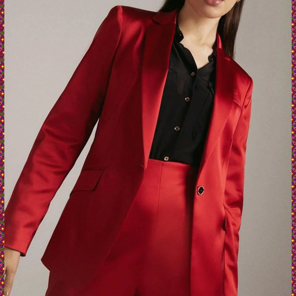 

Elegant Suits for Women 2 Pieces Suit Satin Full Sleeves Jacket Flat Collar Blazer Pants Suit Casual Single Breasted Women's