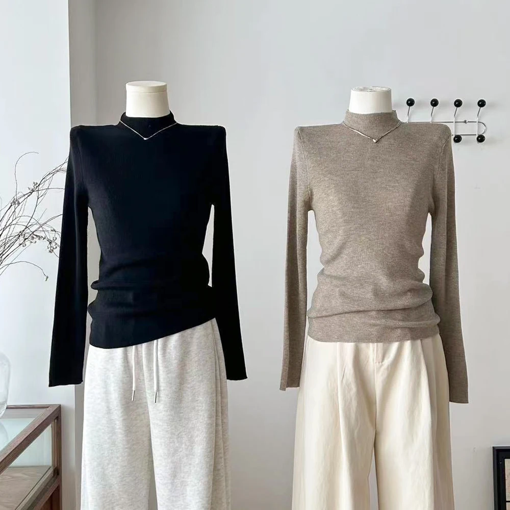 

Women's Autumn Winter Elegant Turtleneck Solid Color Long Sleeve Slim Sweater Lady Pullover Half High Collar Basic Jumoer Top