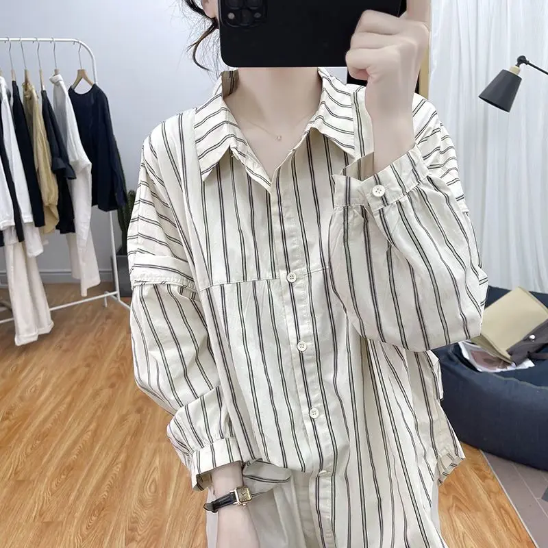 2024 Autumn Women Vintage Striped Lapel Button Up Shirt Casual Streetwear Long Sleeve Blouse Trendy Cotton Loose Irregular Tops