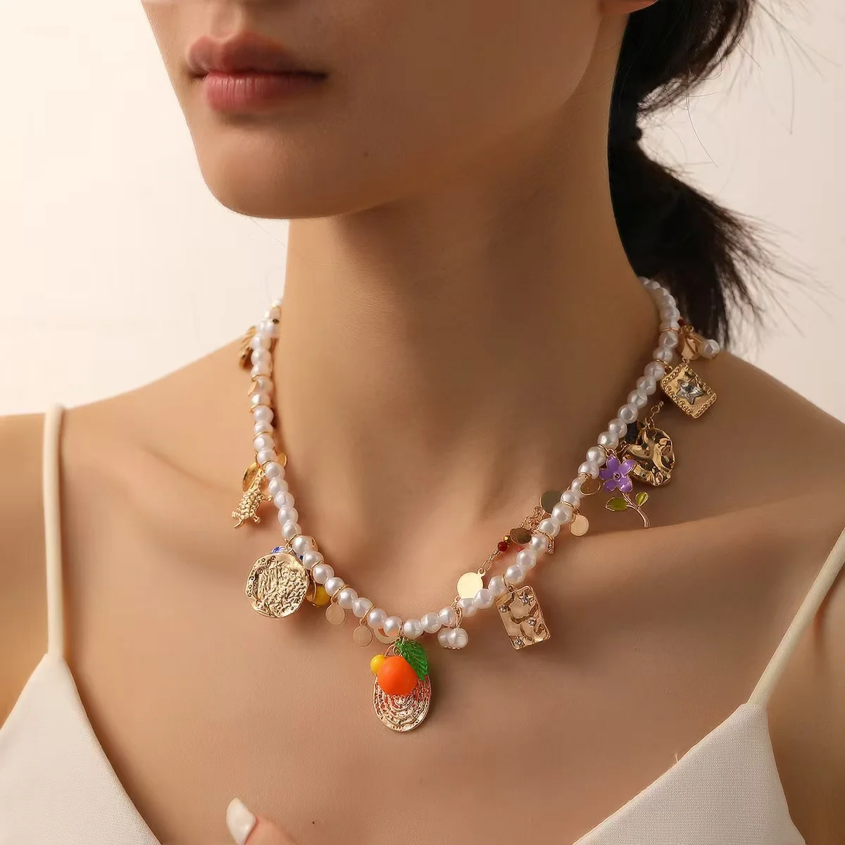 

Vintage Double Layer Beaded Alloy Flower Love Heart Handmade Necklace for Women Girls Summer Beach Jewelry Gifts 2024 New