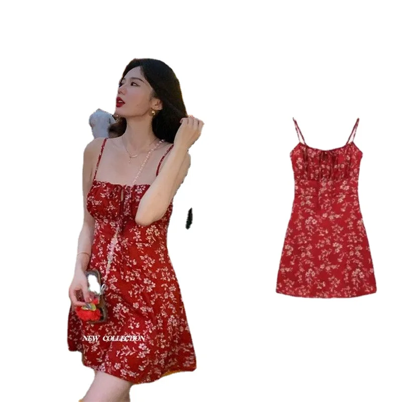 Phuket Girl's Red Floral Camisole Dress for Vacation Spicy Girl Style Dress