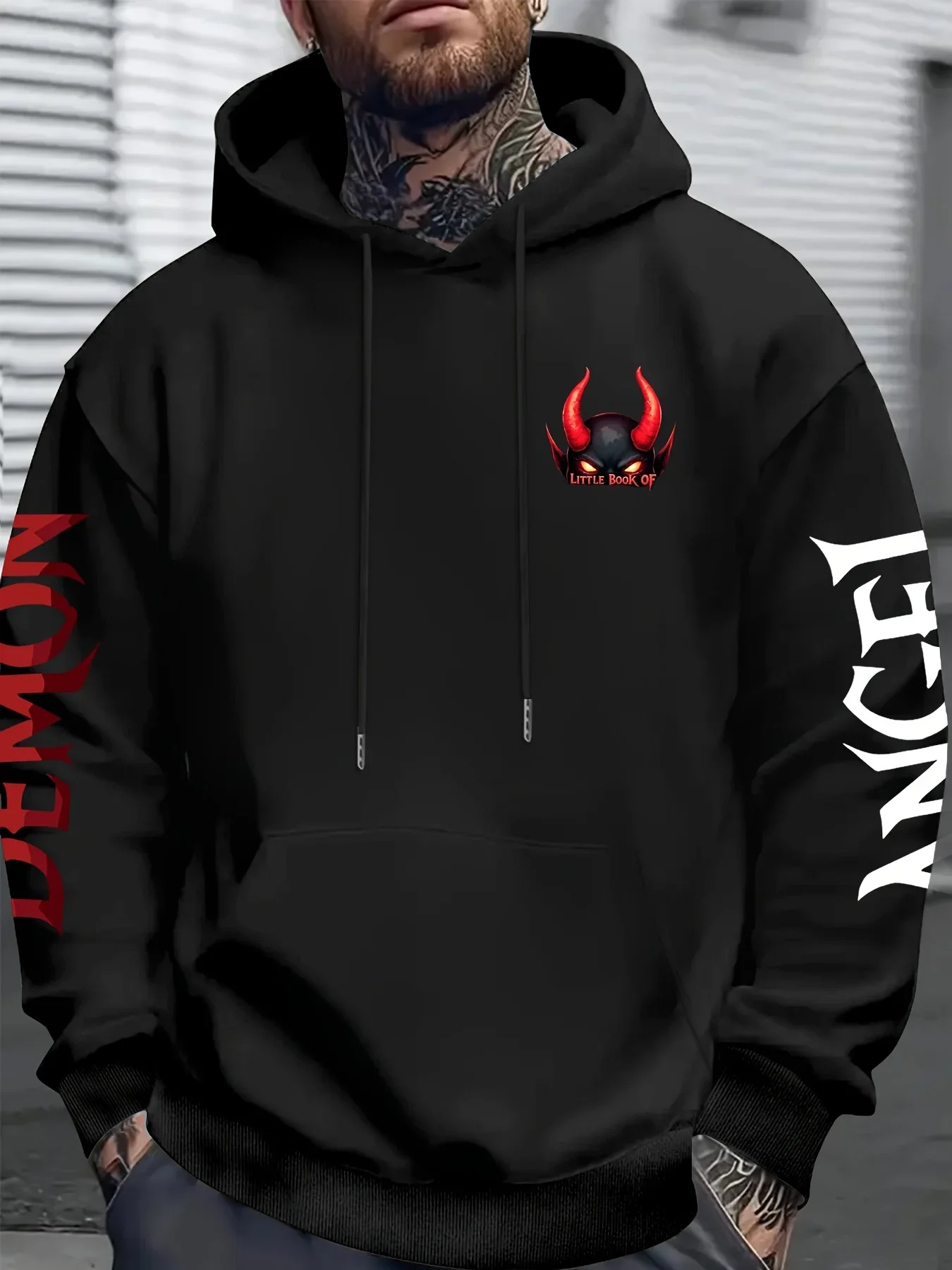 Men’s Hoodie Devil Horn Demon Angel Graphic Back Sleeve Print Dark Punk Hip Hop Loose Fleece Pullover Sweatshirt Autumn Winter