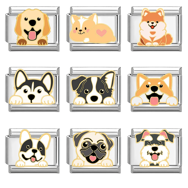 Cute Dog Bulldog Border Collie Corgi Husky Charms Italian Links Fit 9mm Stainless Steel Bracelet Making Jewelry Gifts Diy