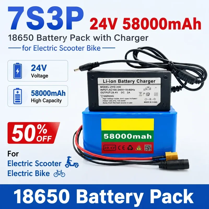 

7S3P 24V 58000mAh 18650 Battery Pack with Charger for Electric Scooter Bike High Capacity Rechargeable Li-ion Battery