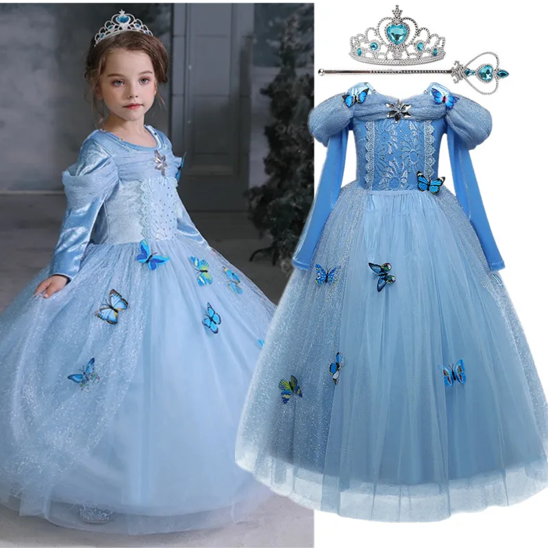 Girl Cinderella Cosplay Dress for Halloween Carnival Princess Costume Kids Long Sleeve Clothes Birthday Wedding Party Gown 3-10Y