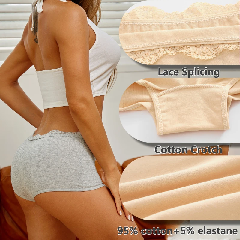 Women Seamless Cotton Panties Sexy Lace Low Rise Boxers Solid Color Boyshorts Female Breathable Underwear High Elastic Lingerie