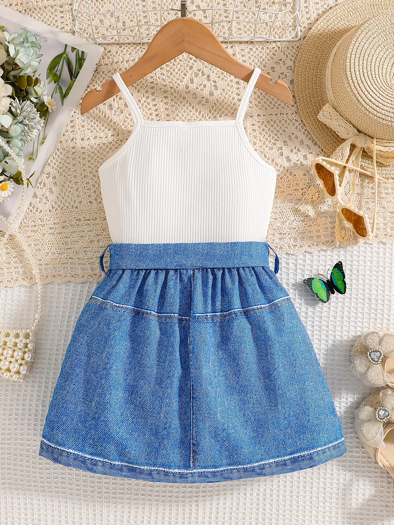 2025 Summer girls fashion casual 2-piece butterfly halter vest top + imitation denim stretch casual skirt casual suit