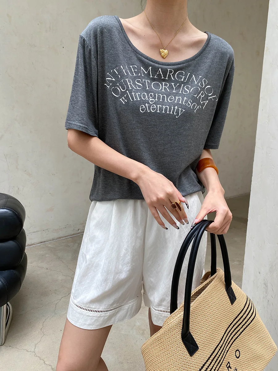 Sommerliches Damen-T-Shirt mit lässigem und modischem Design, Nischen-Design mit Buchstaben-Print, Rundhalsausschnitt und kurzen Ärmeln – Detail 23