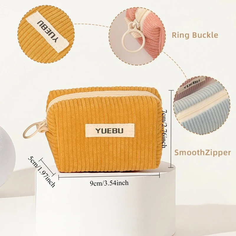 Cute Small Coin Storage Pouch for Earphones Change & Makeup Tools Mini Corduroy Wallet Simple Solid Color Zipper Bag for Women