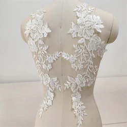 White Flowers Wedding Appliques, Embroidered Lace Mesh Fabric, Sew On Patches for Bride, Evening Dress, DIY Decoration, 2Pcs