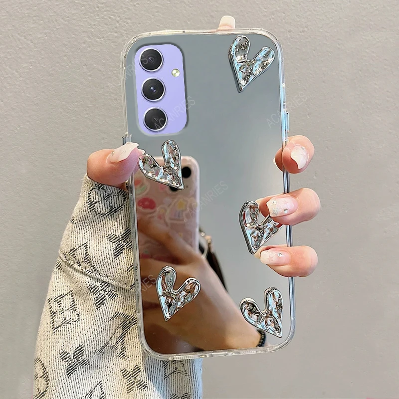 Glitter 3D Love Heart Mirror Silicone Soft Case For Samsung Galaxy A54 A34 A24 A14 5G 4G Shockproof Back Cover On A 54 34 24 14