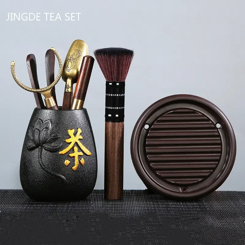 Ebony Tea Ceremony Six Gentleman Set Tea Making Tools Tea Holder Tea Spoon Chinese Teaware Accessories with Ceramic Storage Jar