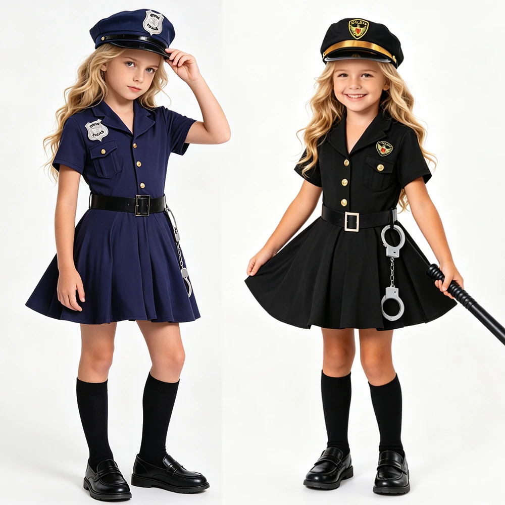 Girls Police Officer Costume Dress for Halloween Carnival Party Role Play Toddler Girls Cop Uniform Navy Blue Black Fancy Dress