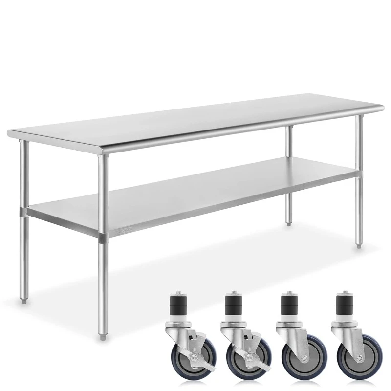 Stainless Steel Work & Prep Table 72 x 24 Inches with Caster Wheels and Under Shelf for Restaurant, Home, Hotel