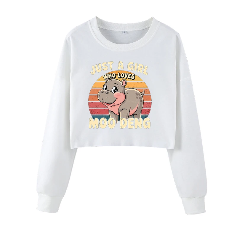 Just A Girl Moo Deng Funny Cute Animal Baby Hippo Crop Crew Neck Sweatshirt Text Print Retro Harajuku Winter Clothing