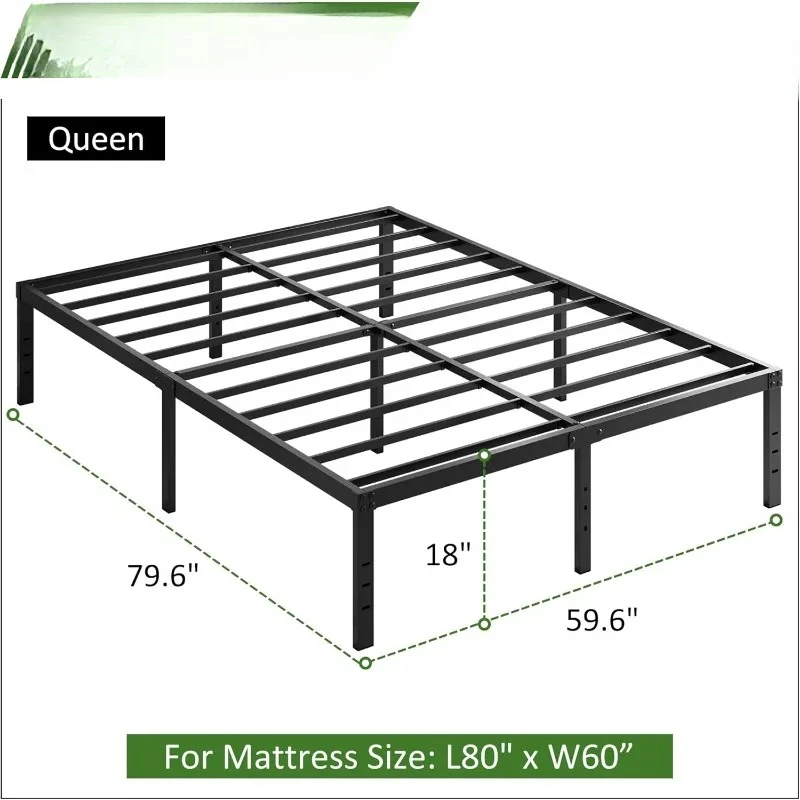 إطار سرير كوين لا يحتاج إلى صندوق زنبركي، إطار سرير معدني عالي التحمل مقاس 18 بوصة، مقاس كوين مع مساحة تخزين كبيرة