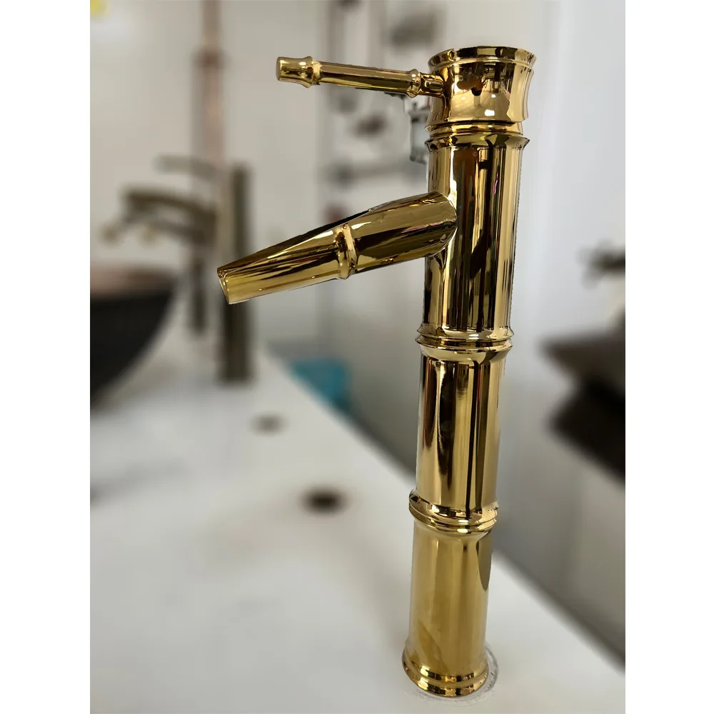 

New Classic Gold PVD solid brass Bamboo Bathroom Sink Faucet mixer tap deck mounted single hole