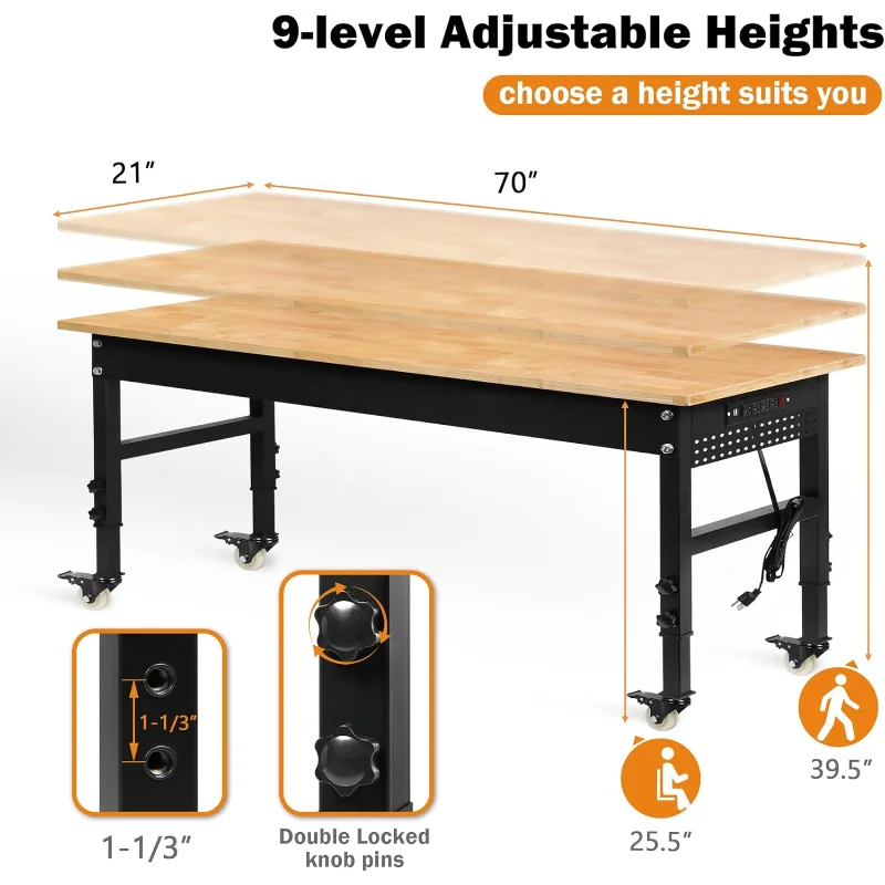70" Adjustable Workbench on Wheels, 2000 LBS Heavy Duty Work Table with Power Outlets & Pegboard, Rubber Wood Workstation