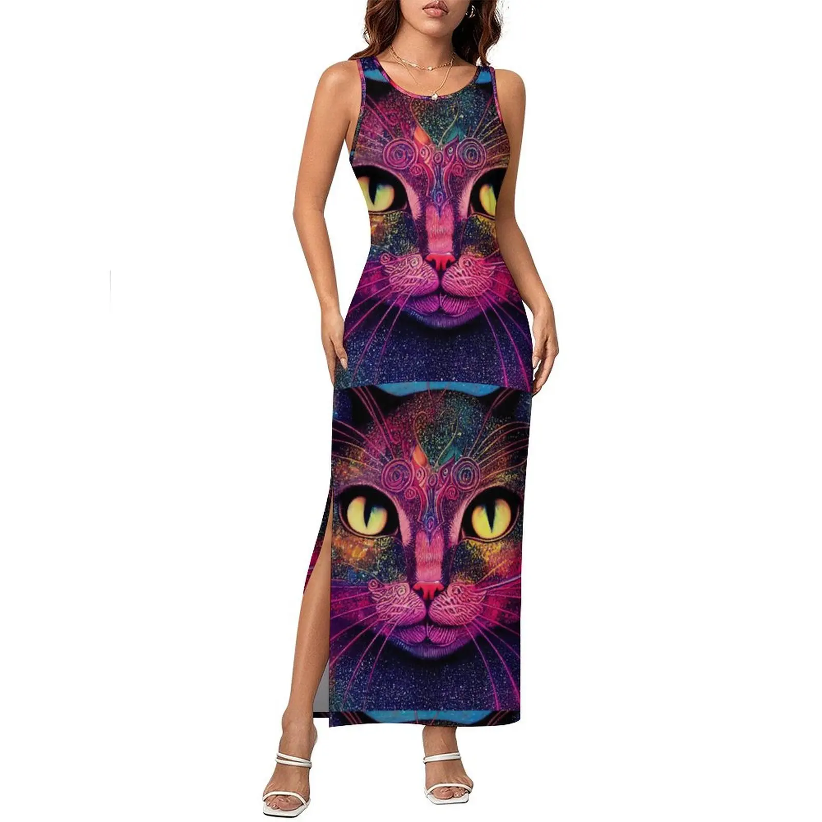 Women Bodycon Dress Slim Sexy Magic Cats Maxi Dresses Holiday Animal Print Sleeveless Aesthetic Custom Dress Large Size