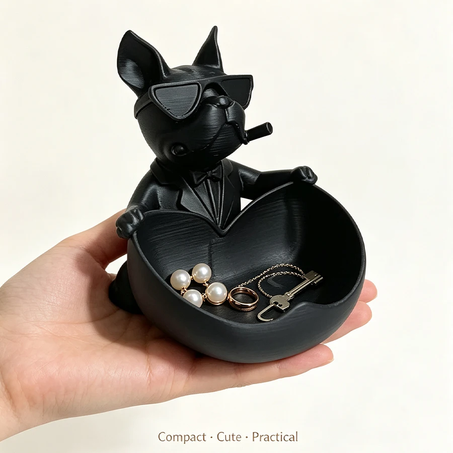 Black French Bulldog Statue Storage Tray, Stylish and Cool Puppy Key Tray, Multifunctional Ring and Earring Storage Tray, Modern Desktop Decoration Ornament Gift