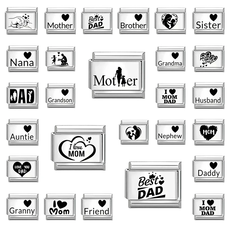 Y2K Laser Engraving I Love Wife Dad Mother Sister Italian Charm Links Fit 9MM Stainless Steel Bracelet Women DIY Making Gifts