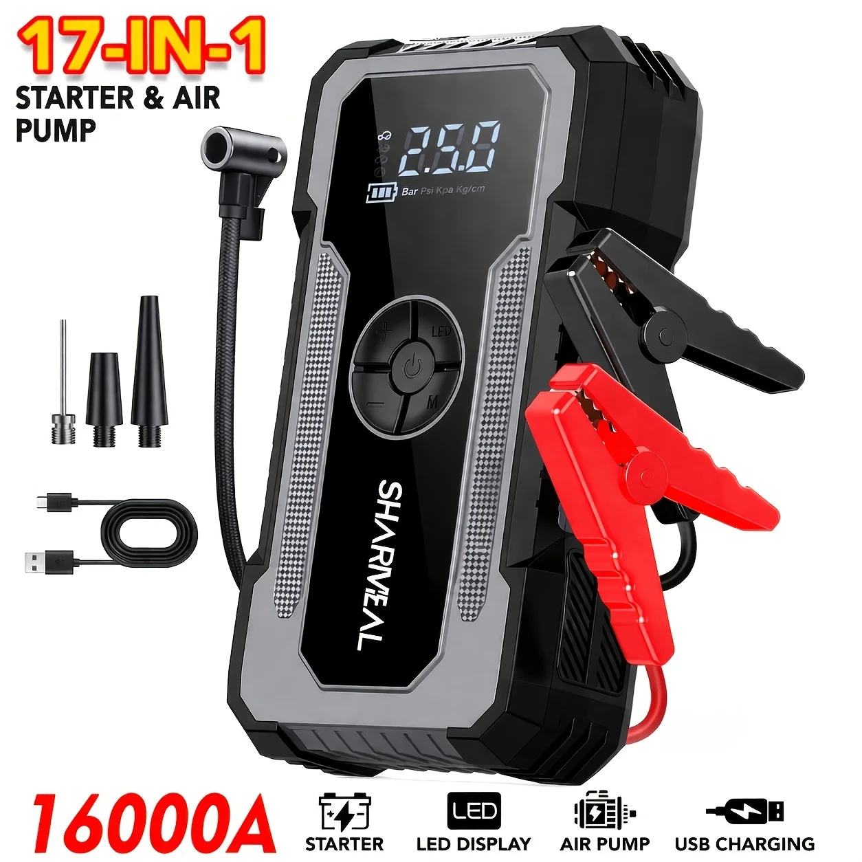 SHARMEAL 16000/20000A 17-In-1 Portable Jump Starter with Air Compressor, Car Jump Starter, Multi-Function Power Pack with Tire Inflator, LED Light & Power Bank, for 12V Vehicles (All Gas And Diesel Engines), Cars, Trucks, Suvs, Rvs, And Motorcycles