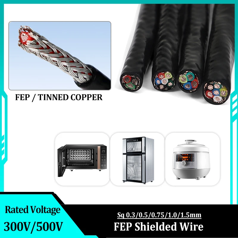 High Temperature PTFE Shielded Wire Sq 0.3/0.5/0.75/1.0/1.5mm FEP Insulated Plastic Oil Resistant Tinned Copper Shielding Cable