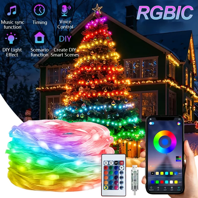 Pop dreamcolor rgbic usb picada luz bluetooth app diy natal led luzes de fadas guirlanda decoração para árvore casamento aniversário p