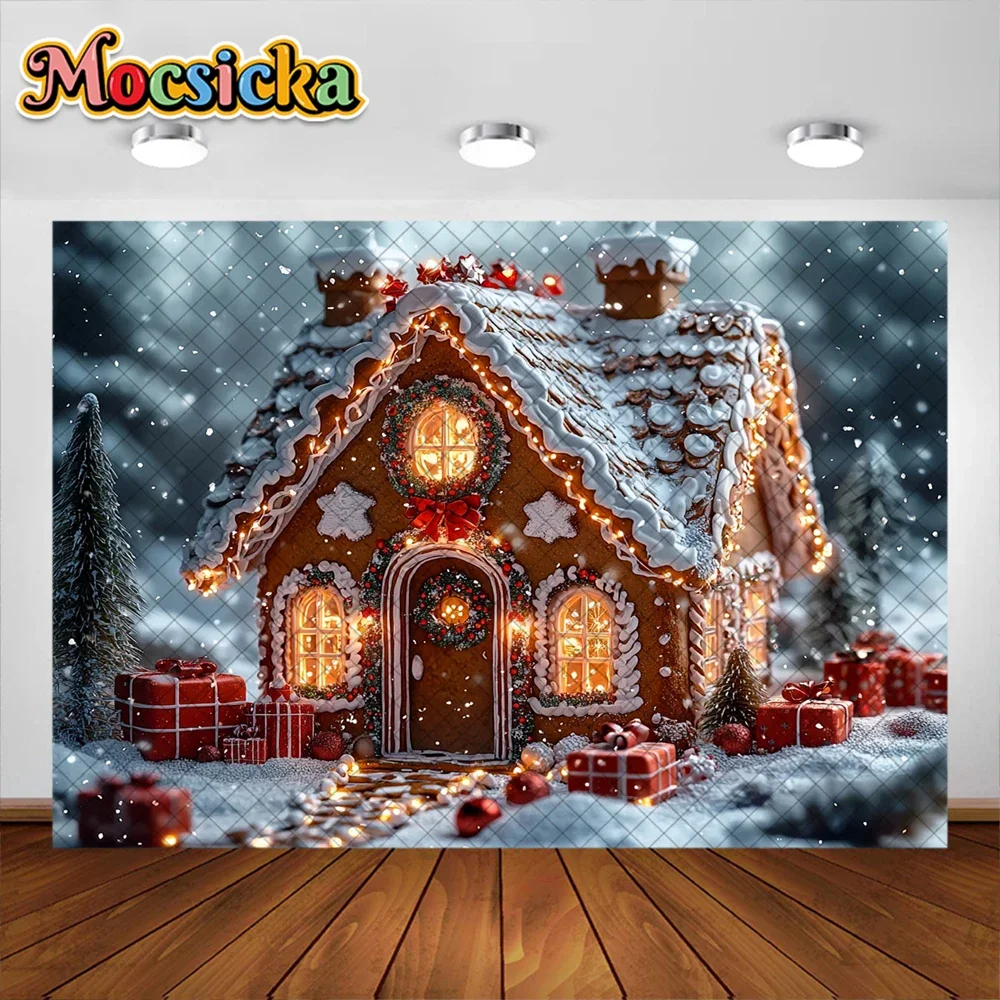 Mocsicka fondo de fotografía, decoración de Navidad, cabaña de pan de jengibre, nieve, vacaciones para niños, accesorios de estudio fotográfico
