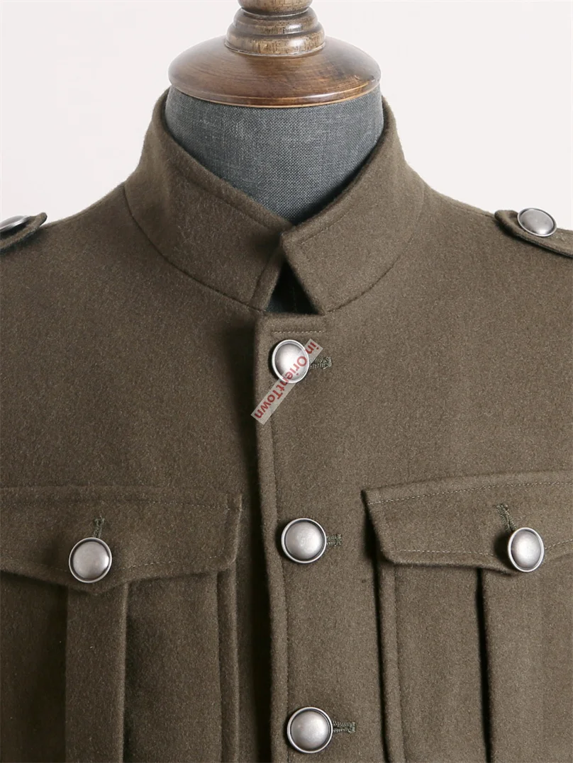 Autumn and Winter Retro American Blazer Woolen Thick Standing Collar Jacket Single Breasted Multi Pocket Military Green Coat