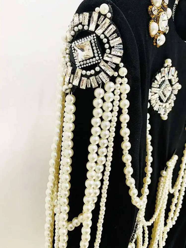 LEOSOXS สตรีชุดกํามะหยี่สีดําแขนยาวเพิร์ล Rhinestone Embellished Elegant Evening Party ชุดราตรีชุดราตรีชุด