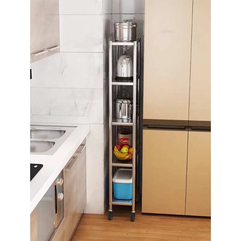 Stainless steel kitchen shelves floor-to-ceiling, multi-layer wide refrigerator gaps narrow wheels against the wall