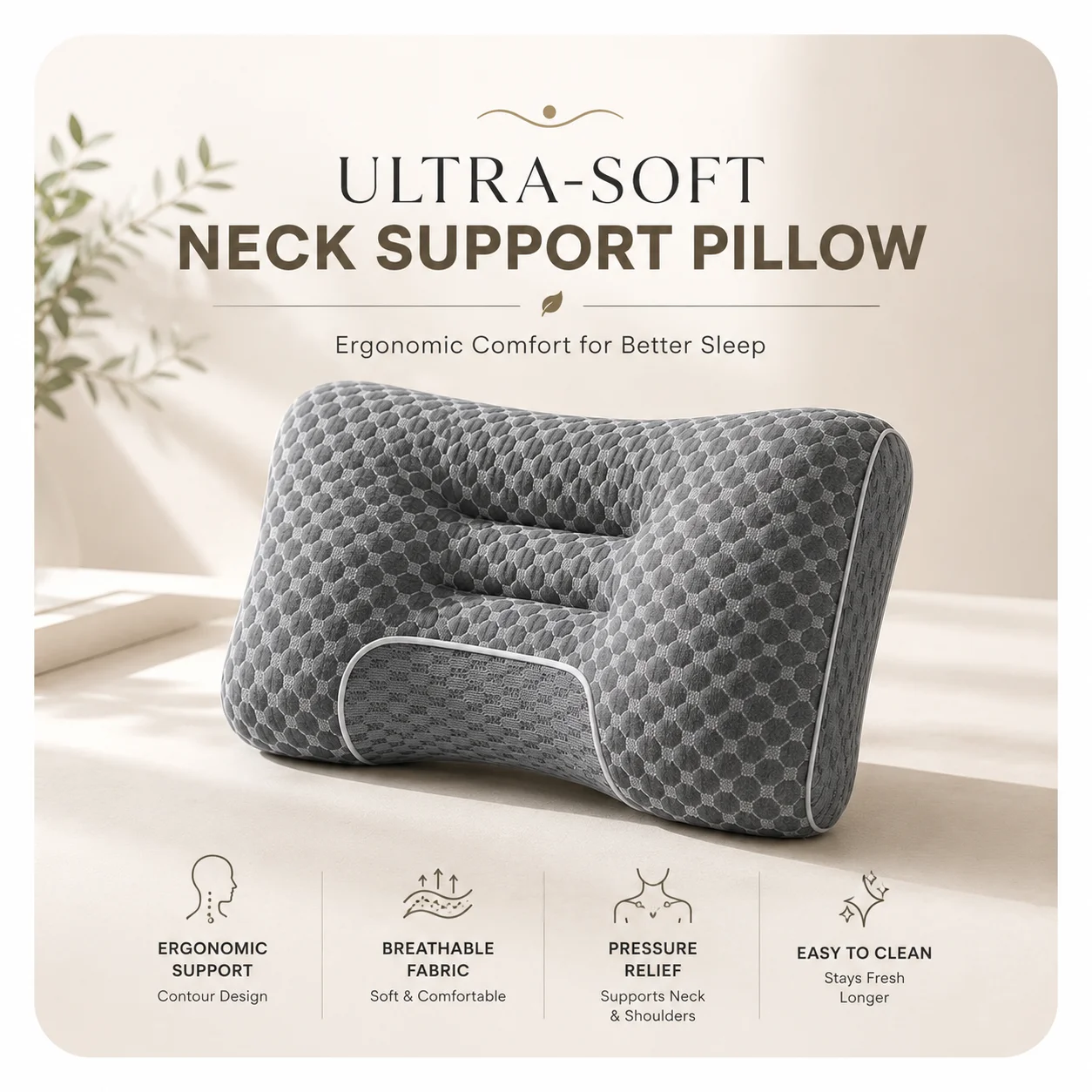 Ultra-Soft Ergonomic Neck Support Pillow, Contour Cervical Pillow for Side, Back & Stomach Sleepers, Breathable Fabric, Easy to Clean, Pressure Relief for Deep Sleep