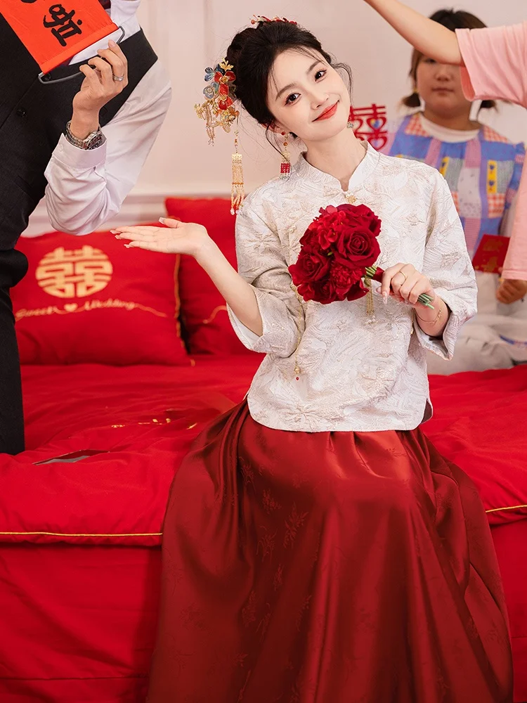 

Materni Wedding Dr New Chinese Sle Ma Face Skirt High Waist Pearl Embellied Long Sve Evening Gown for Bride to Be