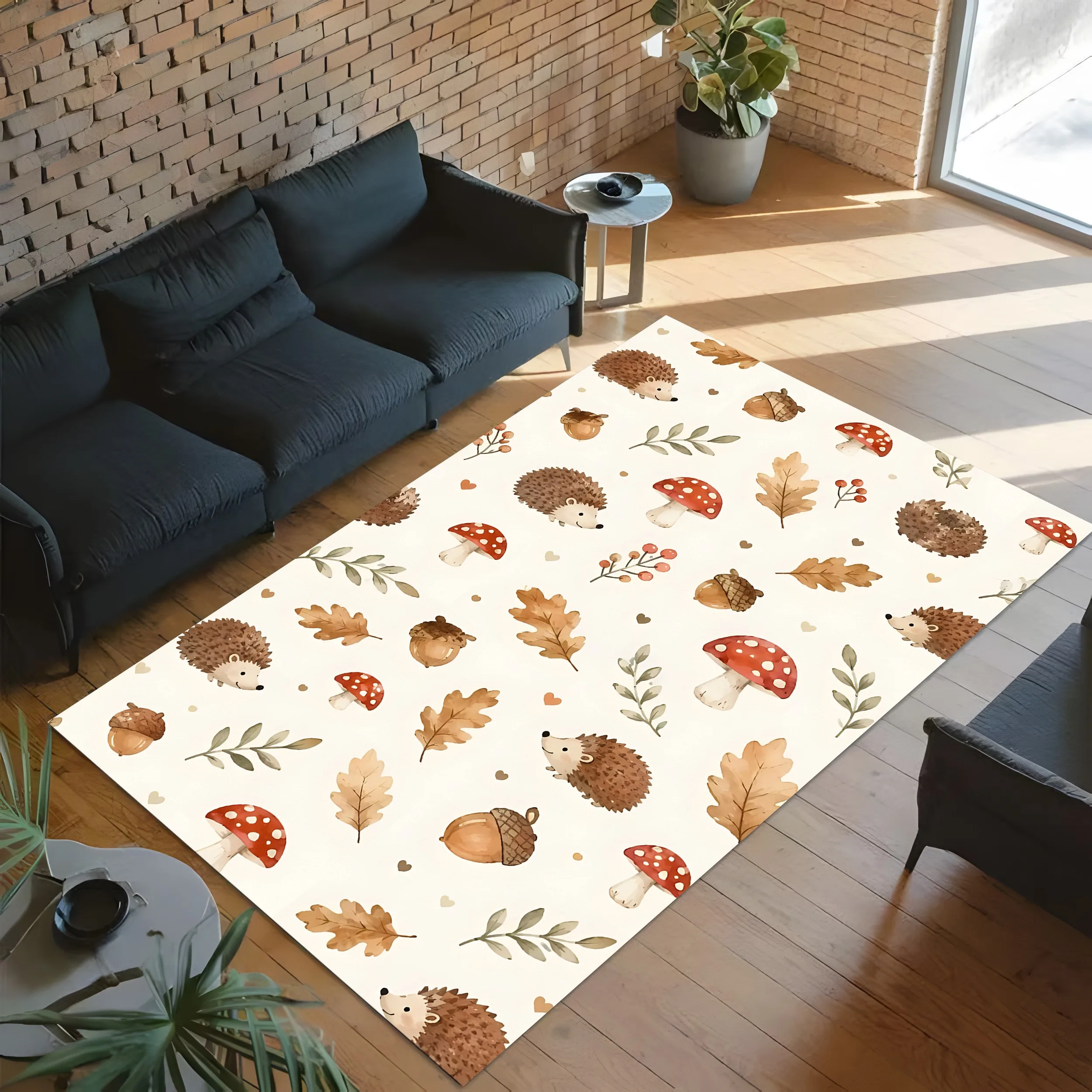 2D Large Carpet Hedgehog Mushroom Acorn Autumn Leaves Forest Theme Watercolor Style Gentle Fresh Creating Warm Festive Autumn at