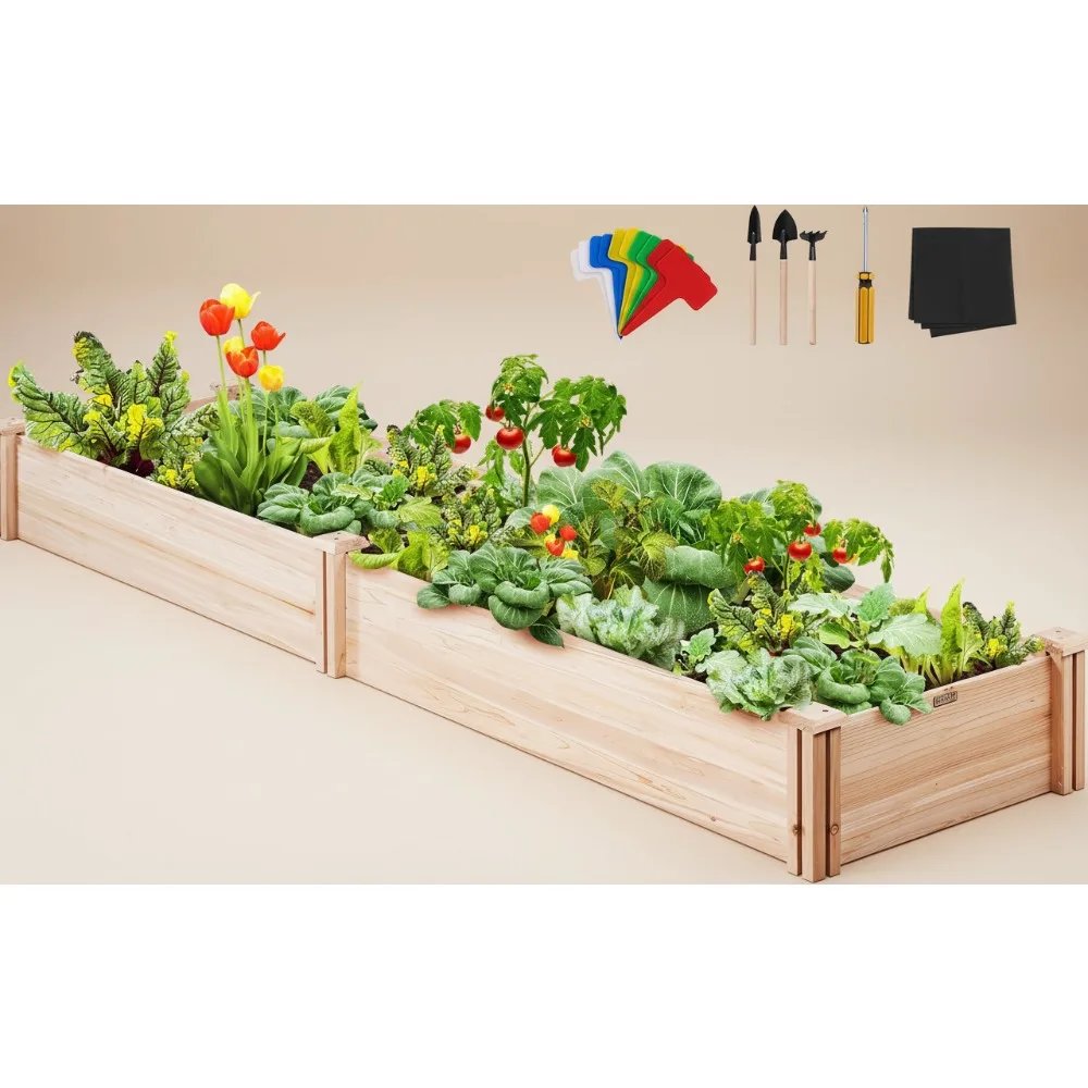 

Outdoor Wooden Raised Garden Bed Planter, 96x24x10in, Natural Fir Wood No-Bolt Assembly for Vegetables Herbs Backyard Patio