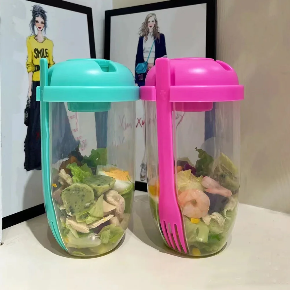 

2Pcs Salad Cups Forks Lids Large Capacity Safe Sturdy Plastic Portable Shaker Containers Travel Pink Color Vegetable Kitchen Bar