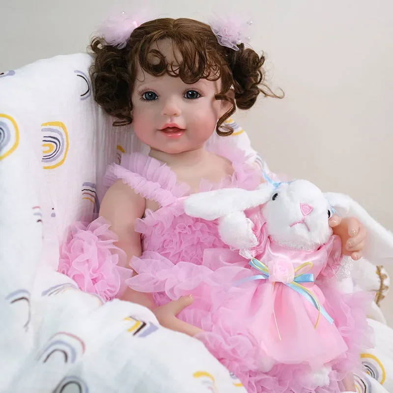 22inch 55cm Full Body Soft Silicone Vinyl Smiling Toddler Girl with Curl Hair