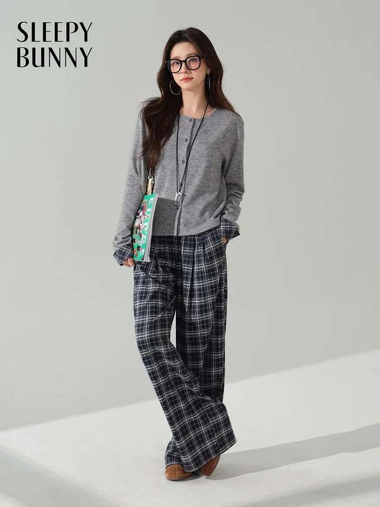 

Casual Plaid Pants Set Women Loose Long Sleeve Top and Wide Leg Trousers Autumn Korean Style Two Piece Outfit for Daily Office