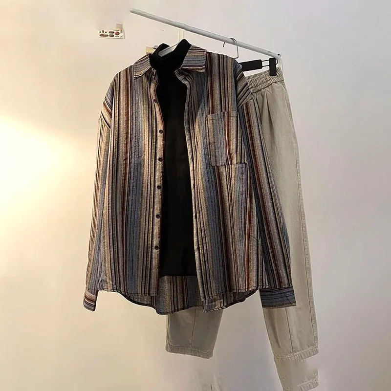 

Women's Clothing Japanese Retro Vertical Striped Shirt Spring New Arrival Trendy Long Sleeve Thin Blouse Unisex Style