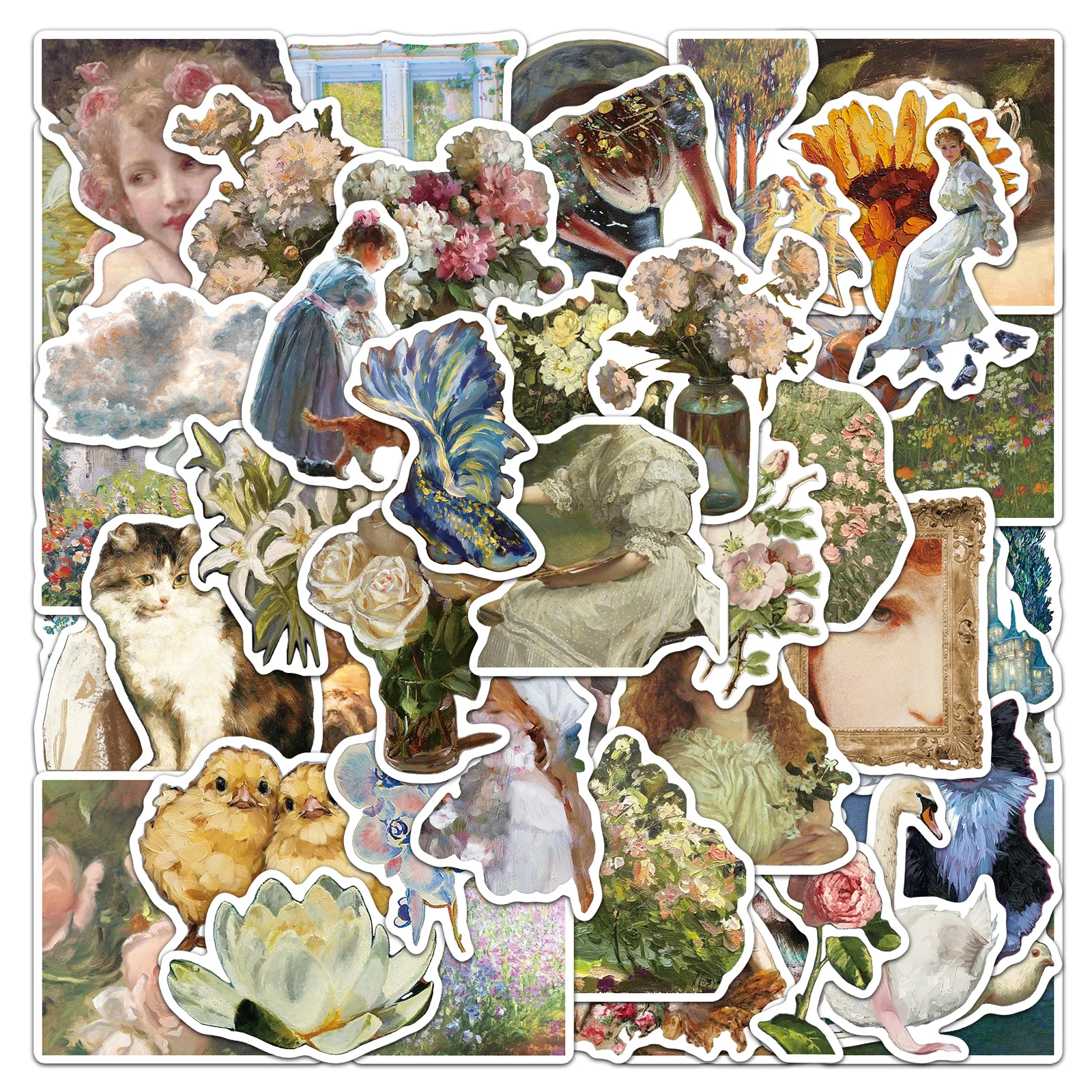 

50Pcs Cute Cartoon Oil Painting Series Cartoon Cute Waterproof Sticker Skateboarding Retro home decal Sticker