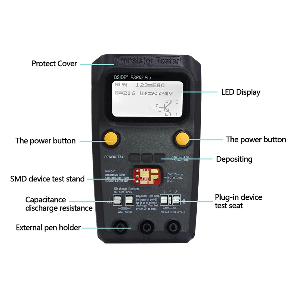 Multi-purpose Transistor ESR/SMD Tester BSIDE ESR02pro Smart Diode Triode Capacitance Resistor Meter LCD meter MOS/PNP/NPN Test