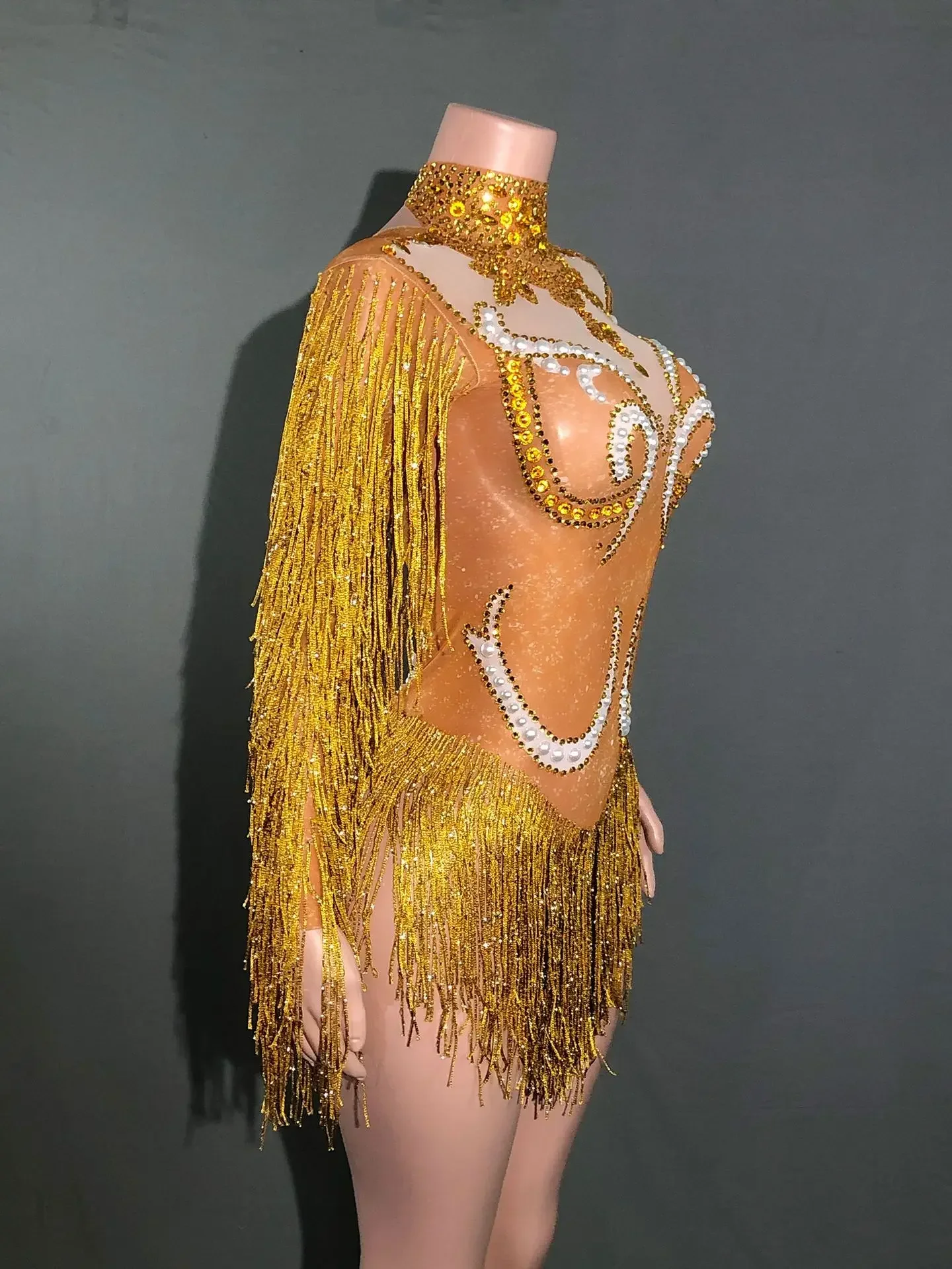 Neues Tanzkostüm für Frauen, Geburtstagsparty-Outfit, Luxuriöser Grauer Fransen-Body mit Silberfarbenen Strasssteinen und Perlen, Transparenter Bodysuit – Detail 5